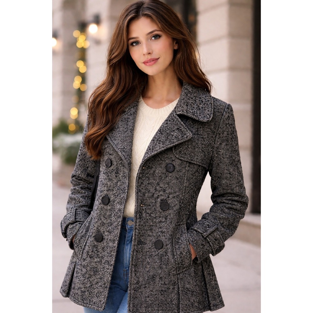 Guess Tweed Double Breasted Peplum Coat Women's XL Black‎ White Textured Button